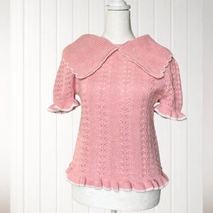 Pink Knit Top Ruffle Trim Peter Pan Collar Cottagecore Coquette Sweater Size S